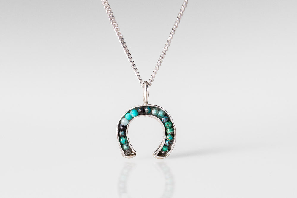 Sterling Silver & Chrysocolla Gemstones Good-Luck Horseshoe Necklace | Horse-Lover Equestrian Gift for Woman | Chakra Healing Crystal Charm