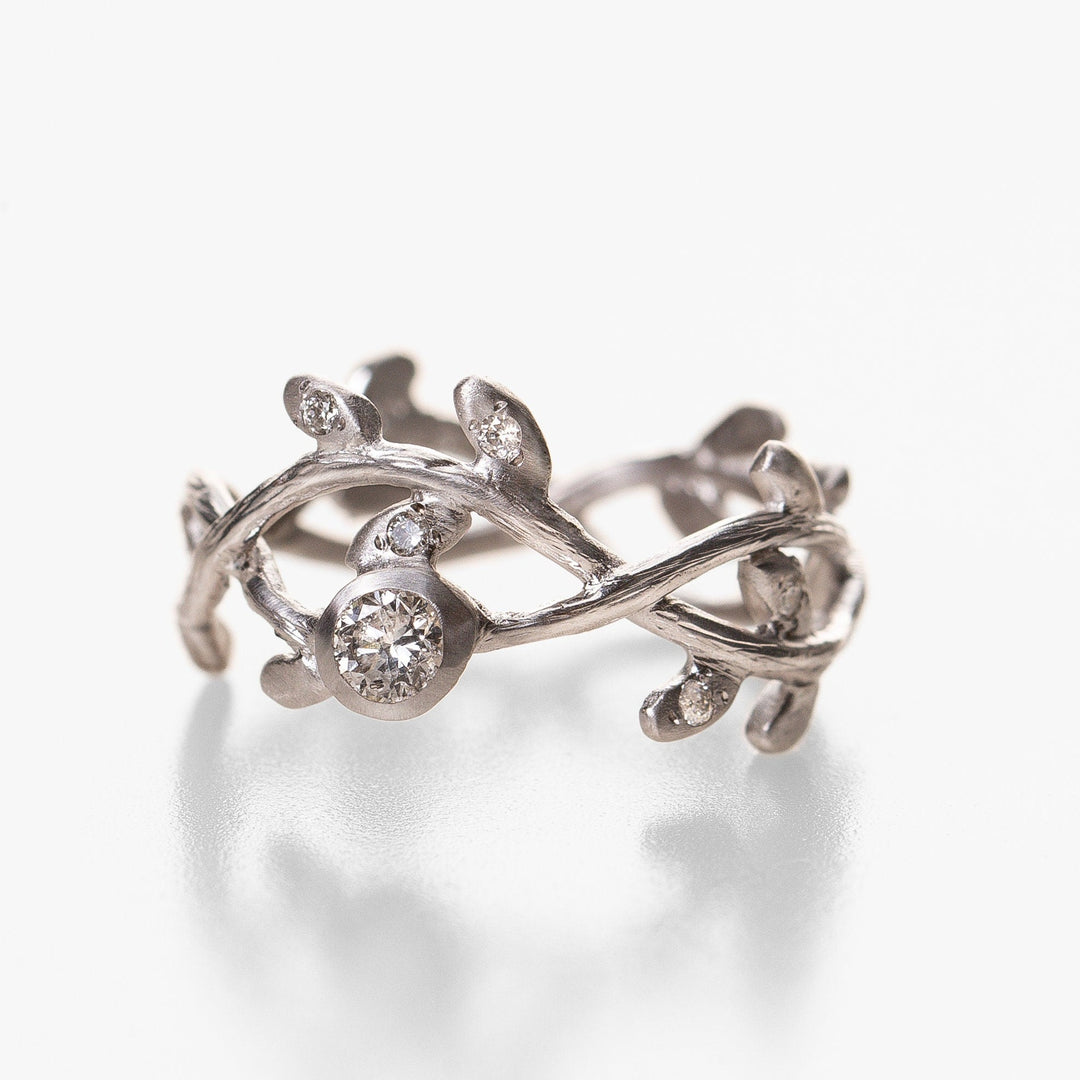 Nature-Inspired Multi Diamond Solid White Gold Engagement/Wedding Ring, Leaf Branch Promise Ring For Her