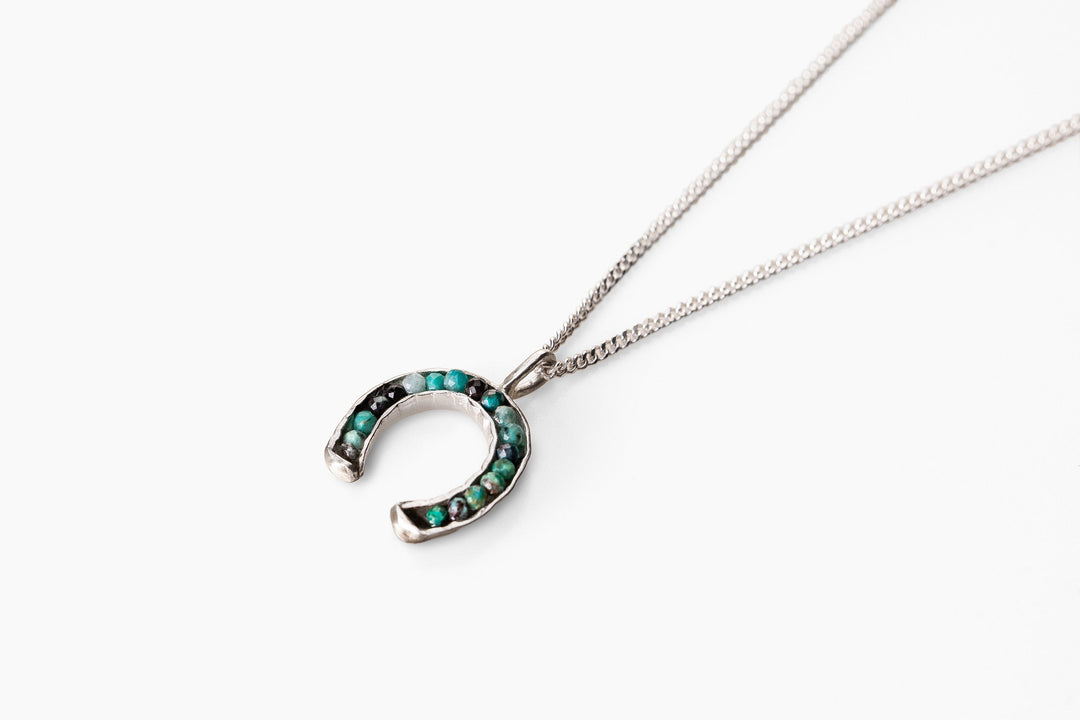 Sterling Silver & Chrysocolla Gemstones Good-Luck Horseshoe Necklace | Horse-Lover Equestrian Gift for Woman | Chakra Healing Crystal Charm