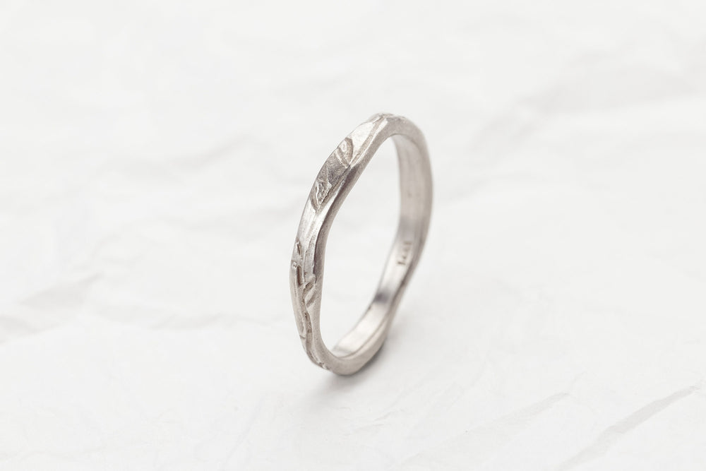 Engraved 14K white Gold Leaf Wedding Ring