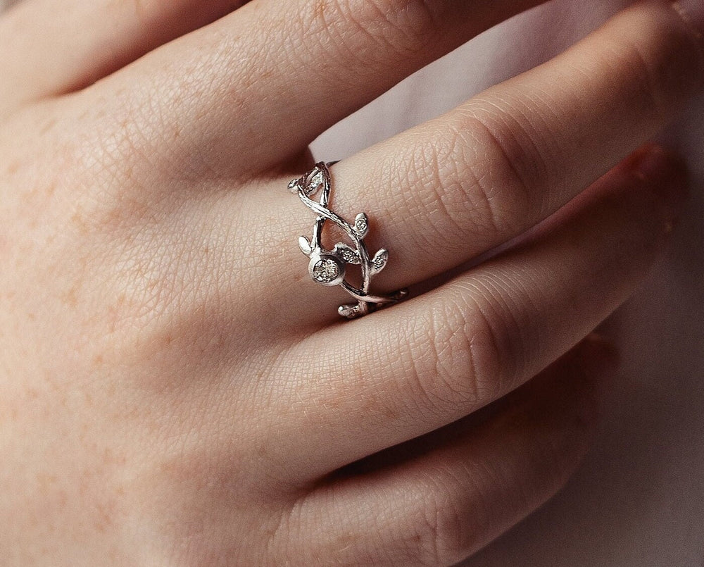 Nature-Inspired Multi Diamond Solid White Gold Engagement/Wedding Ring, Leaf Branch Promise Ring For Her