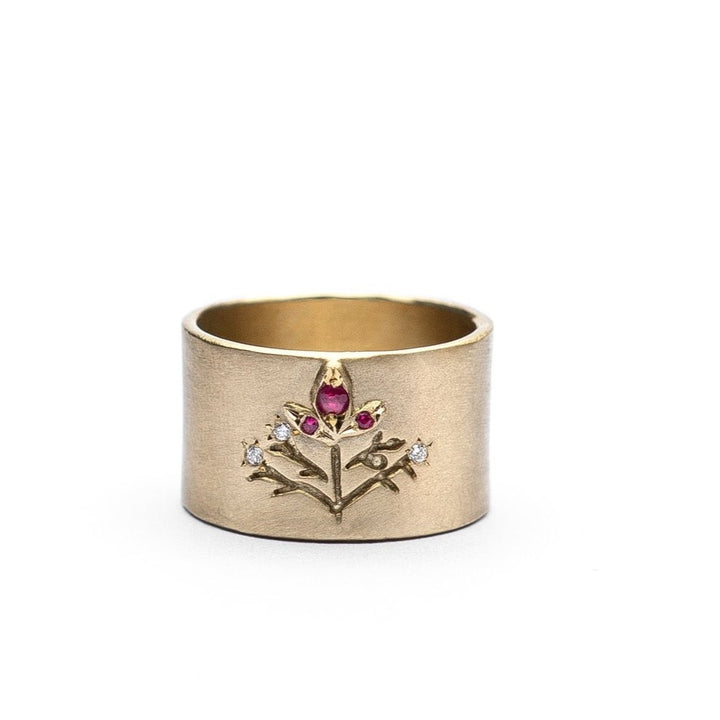 Tree of Life Diamonds Wedding Band, 14K Solid Gold Women Wide Band / Promise Ring / Handcrafted Diamonds & Natural Ruby Gemstone