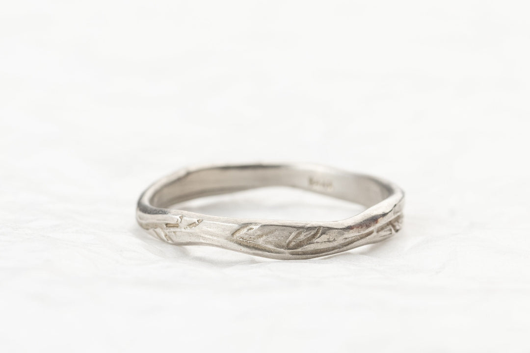 Engraved 14K white Gold Leaf Wedding Ring