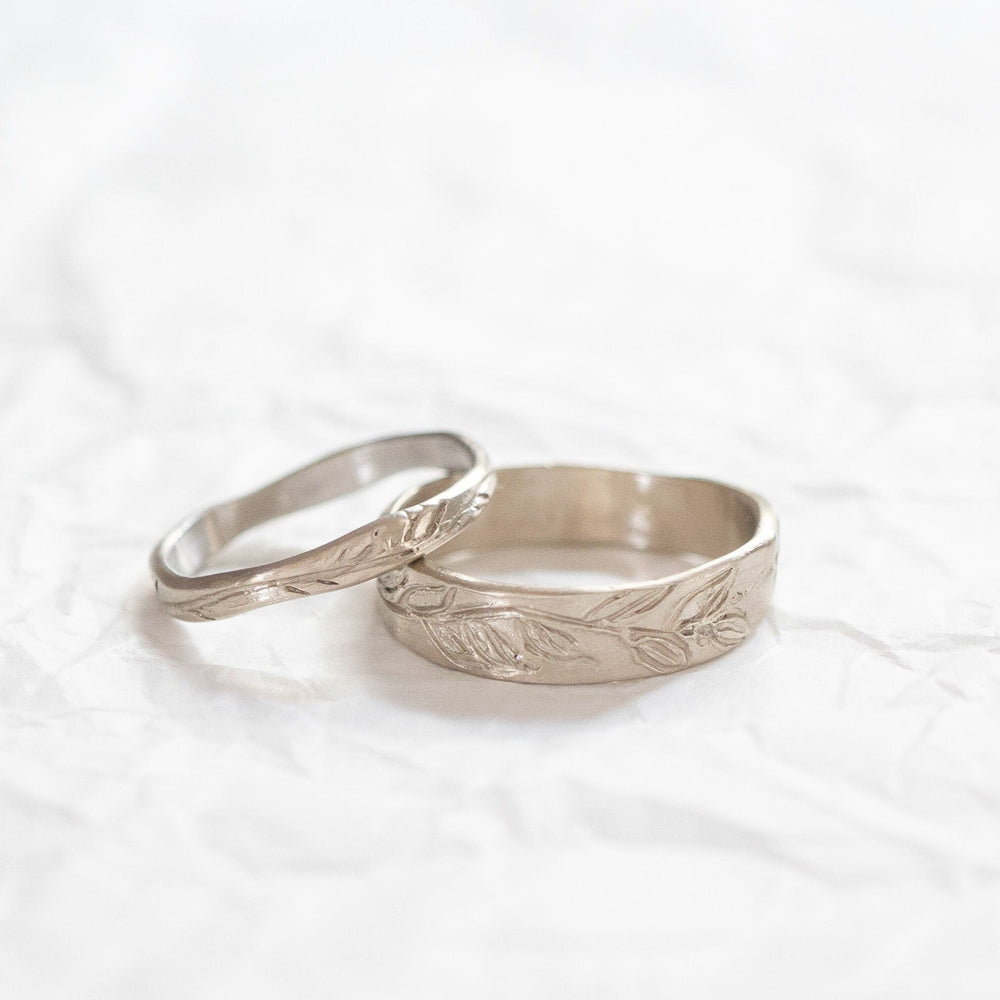 14k Solid White Gold Wedding Bands His and Hers, Matching Wedding Rings, Floral Band, Olive Leaves Ring for Women and Men