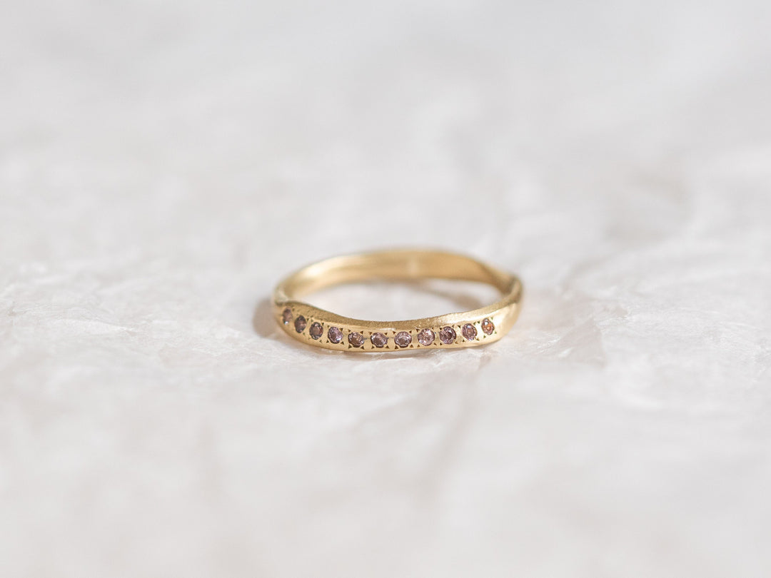 14K Solid Yellow Gold Half Eternity Brown sapphires Wedding Ring, Matte Stacking Ring, Unique Women sapphires Ring, Hand sculpted Wave Ring